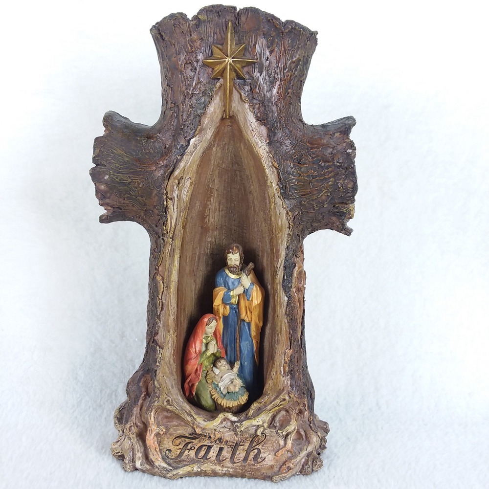 Nativity Scene Cross Tree Trunk "Faith" Rustic Religious Christmas Resin Figural